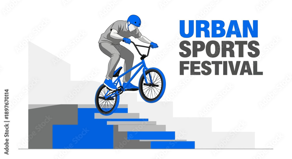 Naklejka premium Dynamic Bmx Rider Performing Tricks Down Concrete Stairs Promotional Event Graphic