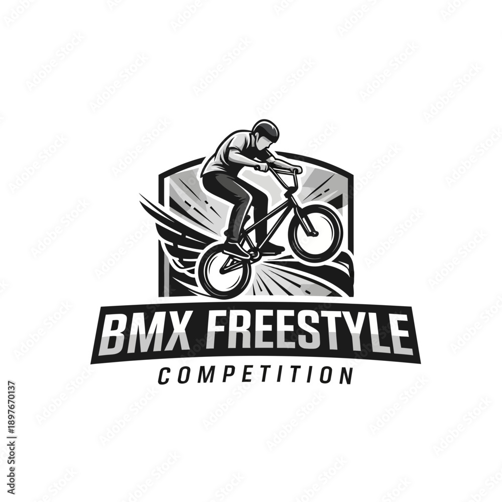 Fototapeta premium Dynamic BMX Freestyle Competition Emblem Featuring Rider Performing a Stunt in Black and White