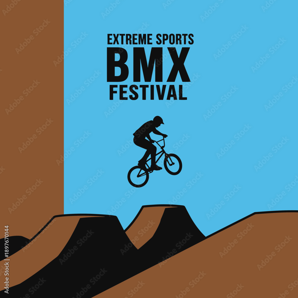Fototapeta premium Dynamic Bmx Festival Action Silhouette With Dirt Ramps And Sky Background