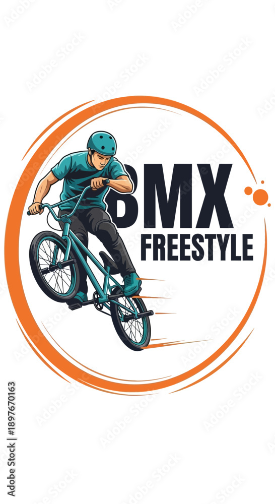 Obraz premium Dynamic BMX Freestyle Illustration Featuring Rider Performing A Stunt Within An Orange Circle Design