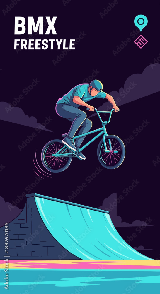 Fototapeta premium Dynamic BMX Freestyle Rider Performing an Airborne Stunt Against a Dark and Moody Backdrop