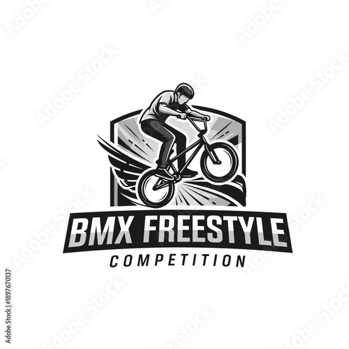 Dynamic BMX Freestyle Competition Emblem Featuring Rider Performing a Stunt in Black and White