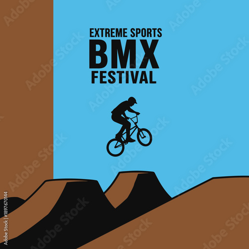 Dynamic Bmx Festival Action Silhouette With Dirt Ramps And Sky Background