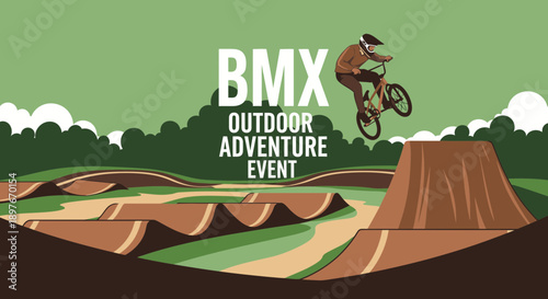 Dynamic Bmx Rider Soaring Over Dirt Jumps In Outdoor Adventure Event Poster