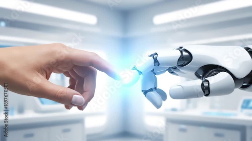 A human hand and a humanoid robot hand nearly touch fingertips with a bright blue light emanating from the point of contact in a futuristic laboratory setting with sleek white surfaces and