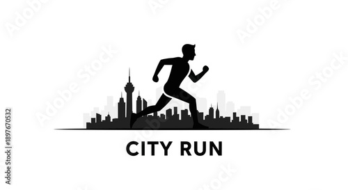 Dynamic City Runner Silhouette Sprinting Against Urban Skyline Backdrop