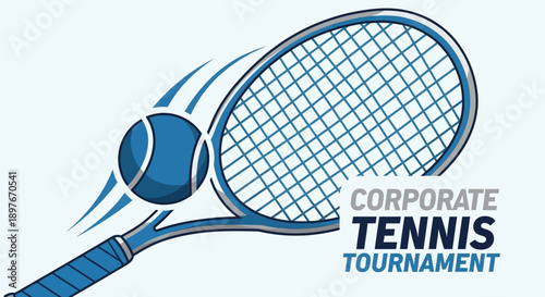 Dynamic Corporate Tennis Tournament Illustration with Racquet and Ball on White Background