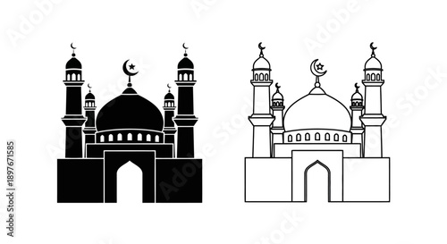 Mosque Silhouette and Outline Vector Illustration Set