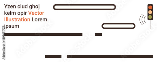 Traffic systems, communication, urban infrastructure, road safety, automation, transportation. Traffic light with signal waves alongside text elements. Traffic systems and communication concept