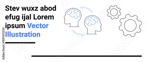 Learning process, innovation, teamwork, problem-solving, education, creativity. Two brains connected by arrows and gears. Learning process and innovation concepts