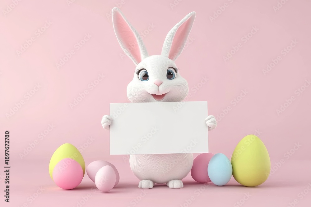 Obraz premium Easter bunny holding a sign for announcements with colorful eggs on pink background in a bright setting during spring