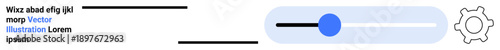 User interface, settings, interaction, control, adjustment, customization. Horizontal slider with blue handle and gear icon on white background. Settings and customization concept