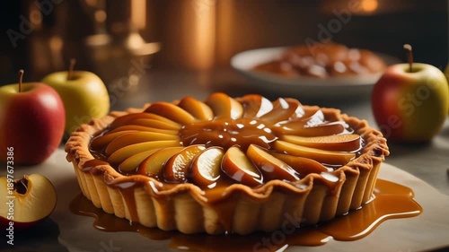 Delicious apple tart with caramel sauce sits on a wooden board, surrounded by fresh apples.