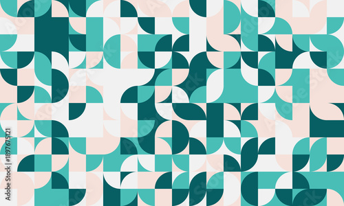 Abstract geometric pattern featuring teal, blush pink, and white semicircles and squares.  Modern midcentury design ideal for website backgrounds, textiles, or branding materials.