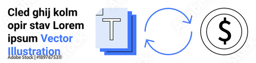 Financial workflow, transaction processes, payment systems, document exchanges, economic cycles, digital commerce. Circular arrows connect a text document and a dollar symbol. Financial workflow