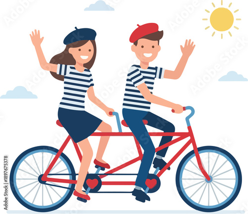 A cheerful young couple riding a tandem bicycle with hearts on the wheels, waving their hands in a sunny outdoor setting on Valentine's Day, conveying a joyful and loving mood with a