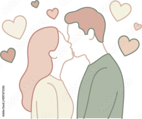 Illustration of a romantic couple sharing a kiss surrounded by colorful hearts on Valentine's Day with a playful and affectionate mood.