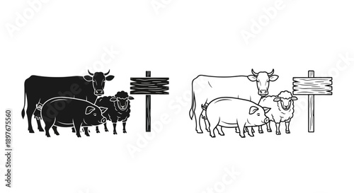Farm Animals with Signpost Silhouette and Outline Vector Illustration