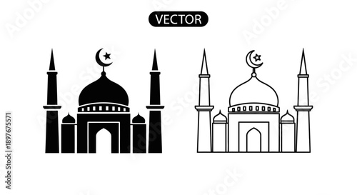 Mosque Silhouette and Outline Vector Icon