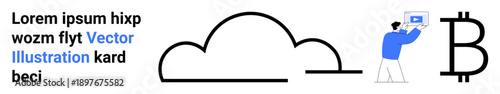 Minimalist design with a cloud icon, a user interacting with a computer, and a Bitcoin logo. Ideal for technology, blockchain, cryptocurrency, cloud services, financial tech, digital transformation