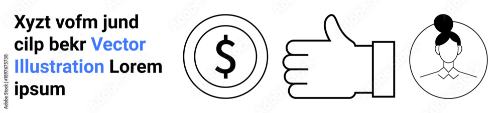 Obraz premium Business, finance, approval, transactions, communication, identity. Dollar sign, thumbs-up gesture and female profile symbols. Business and finance concepts illustrated with bold minimalist outlines