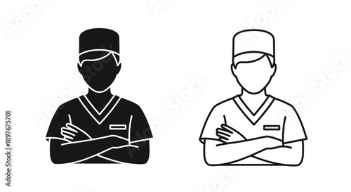 Doctor Surgeon Icon: Crossed Arms Silhouette and Outline