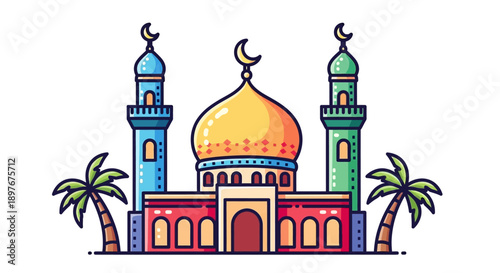 Colorful Mosque with Palm Trees Vector Illustration for Middle East