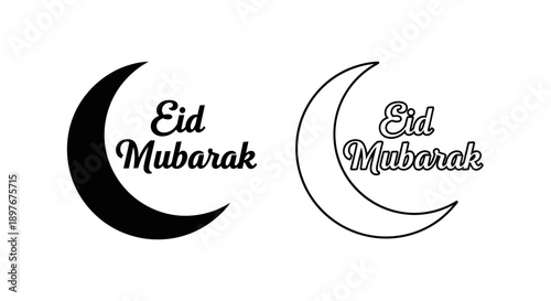 Eid Mubarak Crescent Moon Text Silhouette and Outline Design
