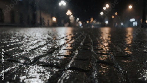 Rainy Night Street Scene at Night.