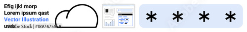 Cloud security, data encryption, online protection, cybersecurity, data authentication, password management. Includes a cloud icon, document interface and password asterisks. Cloud security and data