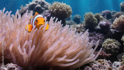 Clownfish in anemone on coral reef, vibrant underwater scene.