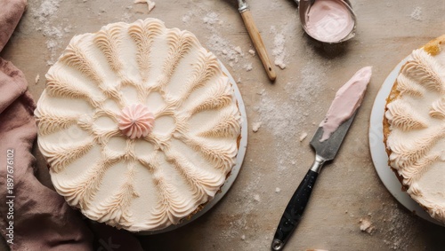 Delicious homemade pies with cream and decorations on the table.
