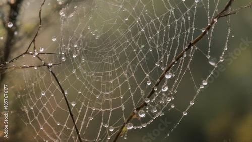 Dew-kissed spiderweb on a branch.