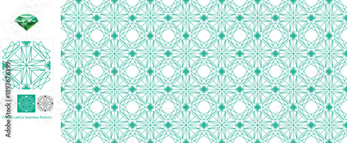 Gemstone Wireframe Seamless Pattern, emerald green geometric design with diamond and jewel facets