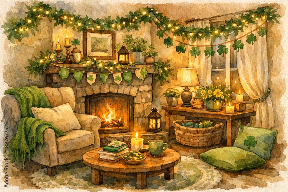 Fototapeta premium Cozy st patricks day living room with fireplace and decorations for festive spring celebration. concept of warm ambiance, holiday decor, relaxing atmosphere