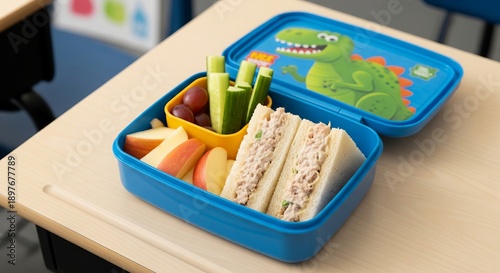 Open blue lunchbox with tuna sandwich, apple slices, cucumber, grape on school desk. Healthy meal for child, student, kid