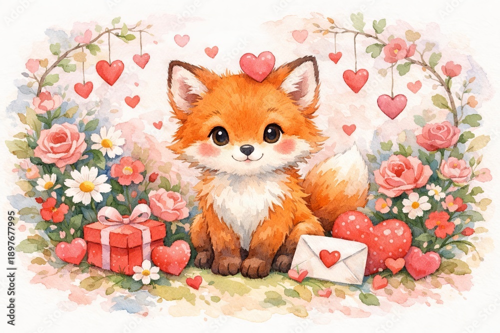 Fototapeta premium Watercolor illustration of a cute fox surrounded by hearts, roses, daisies, and gifts for valentine's day concept of love, affection, celebration, heartfelt gesture, watercolor
