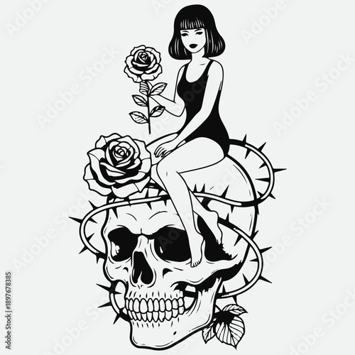 Enigmatic Woman with Rose and Skull Tattoo Art