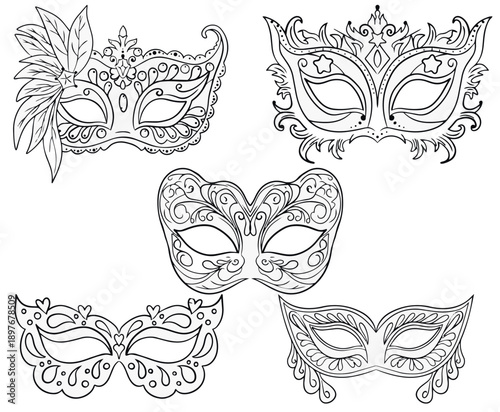 Venetian Carnival Masks Outline Set - Decorative Masquerade Face Covers for Coloring Page