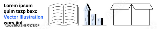 Education, business growth, data analysis, organization, storage solutions, packaging. Open book, bar chart and box are aligned in a minimalistic layout. Education and business growth concept
