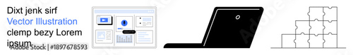 Web design, remote work, workflow process, data organization, problem-solving, teamwork. Displays a webpage interface, a laptop and interconnected puzzle blocks. Remote work and workflow process