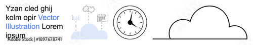 Cloud computing, time management, digital storage, data analysis, internet services, software applications. Visual shows a cloud, clock data icons. Cloud computing and time management concept