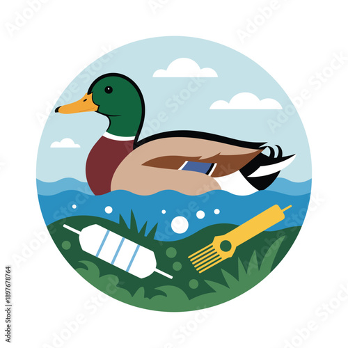 A cartoon duck swims in polluted water with plastic waste on the shore.