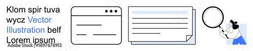 Data storage, document organization, research process, digital tools, search optimization, workspace productivity. Icons include a browser window, documents, and a person examining with a magnifying