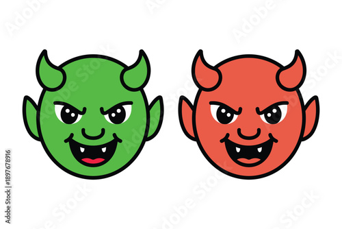 A cartoon illustration of two devil faces, one green and one red, with horns and sharp teeth, looking mischievous and playful.