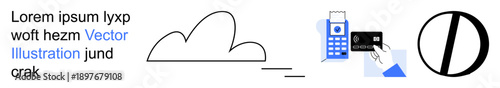 Cloud computing, payment processing, digital communication, data privacy, online services, security. Cloud icon, payment terminal with card and minimal abstract shapes. Cloud computing and payment
