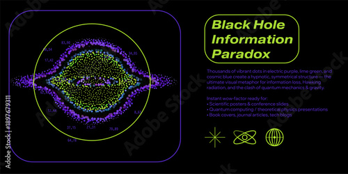 Vibrant vector art with lime green, purple, and blue dots forms a cosmic, symmetrical shape on a dark background. Conceptual vector illustration for black hole, space, science, and physics themes.