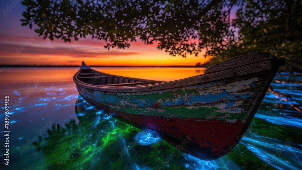 Fototapeta premium Ancient canoe adrift on bioluminescent waters at breathtaking sunset
