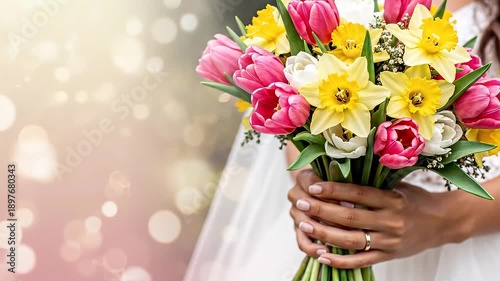 Elegant Hands Holding Spring Flower Bouquet with Soft Pastel Copy Space
