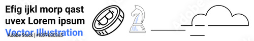 Cryptocurrency, blockchain technology, business strategy, cloud computing, financial planning, digital security. Bitcoin symbol, chess knight and cloud graphic. Cryptocurrency and business strategy